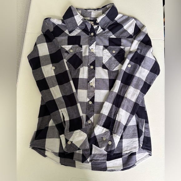 Thread & Supply Navy/White Check Button Up Long Sleeve Women Size L Pockets - Picture 4 of 10